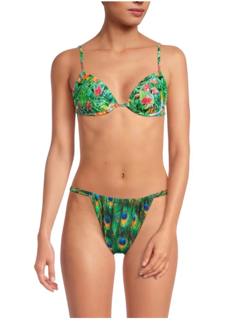 WeWoreWhat Palm Green Peacock Print Bikini Bottom Tie Side High Cut Size L NWT